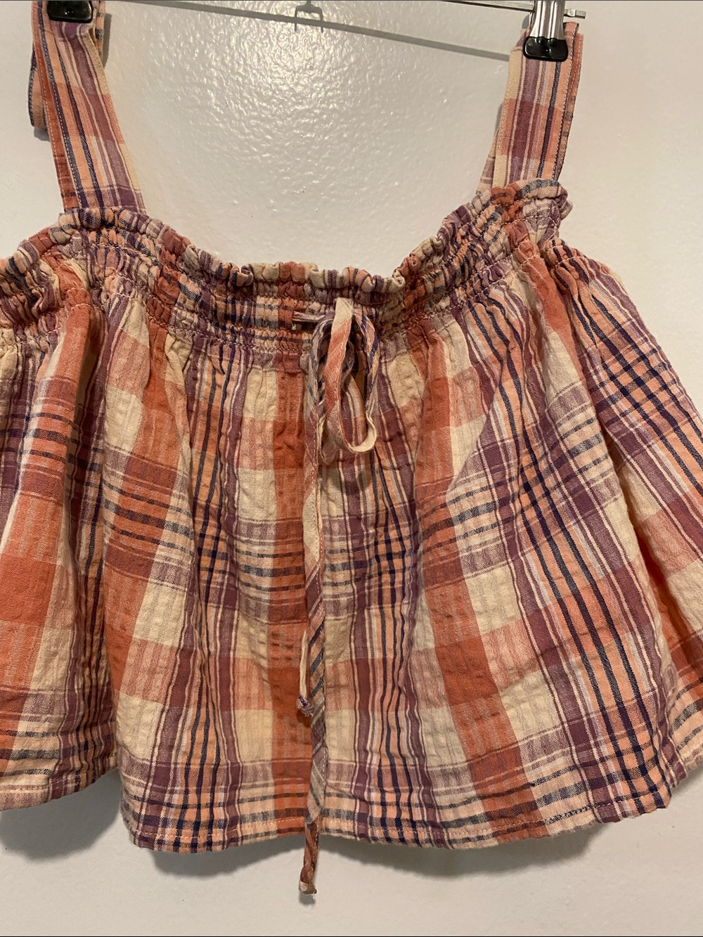 American Eagle Outfitters Plaid Smocked Tank in Cream, Orange & Purple